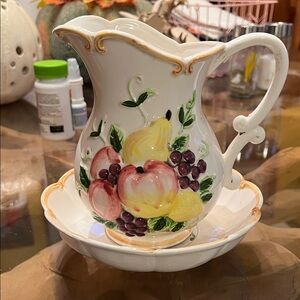 Enesco Fruit Pattern Ceramic Pitcher and Bowl Set